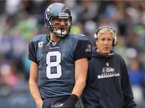 Quarterback Matt Hasselbeck #8 of the Seattle Seahawks heads back to the huddle in 2010.