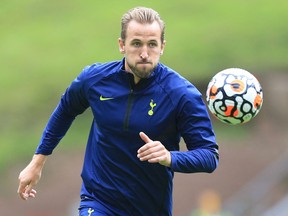 Tottenham Hotspur's English striker Harry Kane warms up ahead of the English Premier League football match between Wolverhampton Wanderers and Tottenham Hotspur at the Molineux stadium in Wolverhampton, central England, on August 22, 2021.