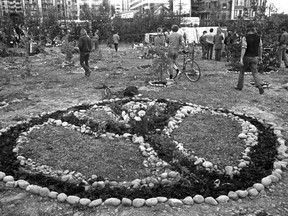 A peace sign garden at All Seasons Park, the proposed site of a Four Seasons Hotel near the entrance to Stanley Park, on May 30, 1971. The protest site was occupied for more than a year by people opposed to the development, until the government scrapped the plan.Gordon Sedawie/Province
