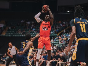 Fraser Valley Bandits guard Alex Campbell takes a shot against the Edmonton Stingers last week.