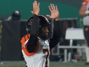 Takeru Yamasaki celebrates his field goal against the Saskatchewan Roughriders, the first CFL points ever scored by a Japanese-born player.