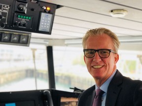 Dave Gudgel, CEO of the Victoria Clipper of Seattle, which usually ferries 250,000 passengers a year between Seattle and Victoria. He is on the bridge of one of the company's vessels.