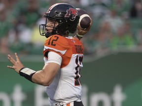 Rookie quarterback Nathan Rourke (above), replacing an ailing Mike Reilly, threw for 194 yards and two touchdowns against the Saskatchewan Roughriders last week in his CFL debut.