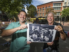 Frank Barazzuol and his then baby son son Toby Barazzuol were captured in a news photograph by The Vancouver Sun photographer Glenn Baglo during the Gastown Riot on August 7, 1970. The pair are pictured where the original shot was taken.