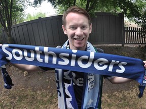 Whitecaps fan Andrew Delbaere at his home in Surrey on Aug. 19.