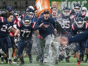 Vernon Panthers head coach Sean Smith leads the charge onto the field after his club won the Subway Bowl Double A football provincials in November 2019. The Panthers haven’t played a game since that title win. ‘I’m excited for all the athletes and coaches in the Interior who can get back to doing what they love to do,’ says Smith.