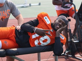 Receiver Dominique Rhymes takes things easy during Lions training camp in July. He led the Ottawa Redblacks with over 1,000 yards in receiving in 2019.