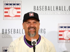 Larry Walker speaks to the media after being elected into the National Baseball Hall of Fame class of 2020 last year.