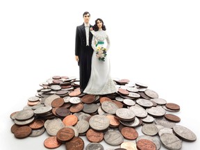 Plastic wedding couple on a pile of coins - money concept. Getty Images/iStockphoto