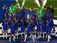 Chelsea captain Cesar Azpilicueta lifts the Champions League Trophy following their team's victory during the UEFA Champions League Final between Manchester City and Chelsea FC at Estadio do Dragao on May 29, 2021 in Porto, Portugal.