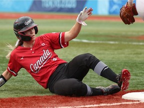 Canada's Victoria Hayward slides into third during the women's bronze-medal softball game against Mexico at the Tokyo Olympics at Yokohama Baseball Stadium on July 27 in Yokohama, Kanagawa, Japan.