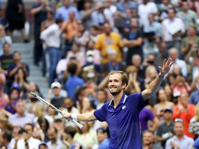 Daniil Medvedev of Russia celebrates defeating Novak Djokovic of Serbia to win their Men's Singles final match on Day Fourteen of the 2021 US Open at the USTA Billie Jean King National Tennis Center on September 12, 2021 in the Flushing neighborhood of the Queens borough of New York City.