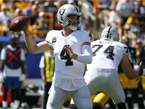 Quarterback Derek Carr #4 of the Las Vegas Raiders passes the ball in the first half of the game against the Pittsburgh Steelers at Heinz Field on September 19, 2021 in Pittsburgh, Pennsylvania.