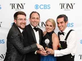 (L-R) Charlie Rosen, Matt Stine, Katie Kresek, and Justin Levine, winners of the award for Best Orchestrations for "Moulin Rouge! The Musical," pose in the press room during the 74th Annual Tony Awards at Winter Garden Theatre on September 26, 2021 in New York City.