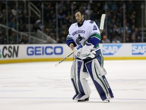 Ryan Miller #30 of the Vancouver Canucks in action against the San Jose Sharks at SAP Center on March 31, 2016.