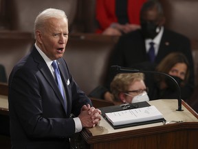 President Joe Biden addresses a joint session of Congress on April 28, 2021 in Washington, DC.
