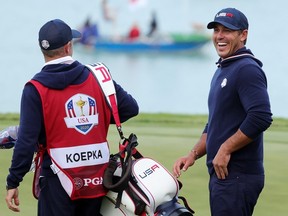 Brooks Koepka of team United States reacts during Saturday afternoon Fourball Matches of the 43rd Ryder Cup at Whistling Straits in Kohler, Wisc.