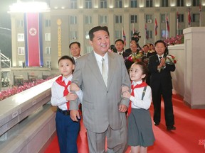 North Korea leader Kim Jong Un attends a paramilitary parade held to mark the 73rd founding anniversary of the republic in Pyongyang.