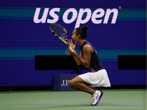 TOPSHOT - Canada's Leylah Fernandez celebrates after winning her 2021 US Open Tennis tournament women's semifinal match against Belarus's Aryna Sabalenka at the USTA Billie Jean King National Tennis Center in New York, on September 9, 2021.