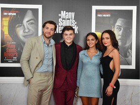 (From L) Actors Michael Gandolfini, William Ludwig, Mattea Conforti and Alexandra Intrator arrive for the Tribeca Fall Preview of "The Many Saints of Newark" at Beacon Theatre on September 22, 2021 in New York City.