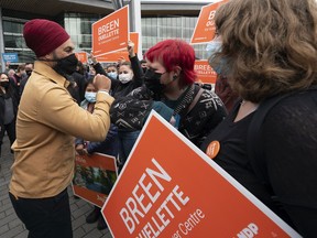 DP Leader Jagmeet Singh is greeted by supporters as he arrives in downtown Vancouver, on Monday, Sept. 20, 2021.