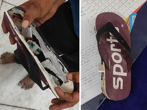 The sole of a typical flip flop is opened to expose the hidden Bluetooth device.