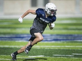 ‘Last year was really weird not having football,’ says Notre Dame Jugglers receiver Antonio Conte, pictured at practice this week. ‘Tackling at full speed is part of it. We had some practices last year, but there was no contact allowed.’