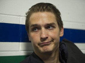 Canucks Jake Virtanen talks to the media at Rogers Arena Thursday, September 12, 2019.