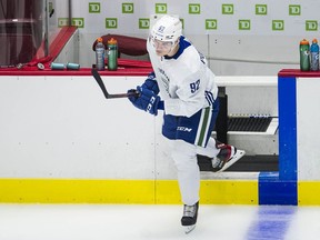 Vasily Podkolzin hits the ice at Canucks prospects mini-camp at Rogers Arena on Friday. ‘We’ve been everywhere and downtown stood out for me,’ he said of his time so far in Vancouver. ‘I’ve been everywhere except Stanley Park.’