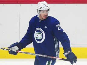 Travis Hamonic at 2020-21 Canucks training camp last January.