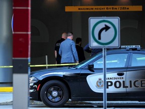 Vancouver Police on the scene of a shooting in the parking lot of the Fairmont Pacific Rim Hotel in Vancouver BC., on September 15, 2021.