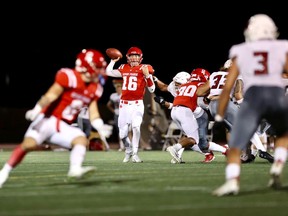 SFU quarterback Justin Seiber (#16) throws a pass in a 24-7 loss to Western Oregon on Saturday, Sept. 25, 2021.