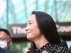 Huawei Technologies Chief Financial Officer Meng Wanzhou speaks to media outside the B.C. Supreme Court following a hearing about her release in Vancouver on September 24, 2021.