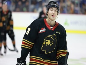 Ty Thorpe celebrates after his goal in the Vancouver Giants' 2-0 win over the Kelowna Rockets on Saturday at the Langley Events Centre.