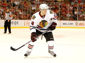 Kyle Beach skates against the Detroit Red Wings during a pre season game on Sept. 24, 2010 at Joe Louis Arena in Detroit, Michigan.