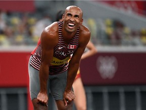 Canada's Damian Warner celebrates after winning  the men's decathlon event during the Tokyo 2020 Olympic Games.