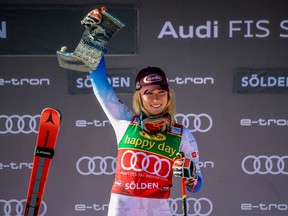 Mikaela Shiffrin of USA takes 1st place during the Audi FIS Alpine Ski World Cup Women's Giant Slalom on October 23, 2021 in Soelden, Austria.