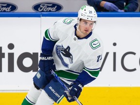 Winger Nils Höglander, pictured Wednesday in Edmonton, is becoming the Canucks’ Mr. Fix-It player.