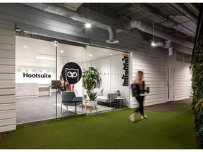 Hootsuite's 27,000-square-foot flagship office at 111 East 5th Ave. was reconfigured in January 2021 from traditional cubicles to collaborative couches and treadmill, bike or sit-stand desks.