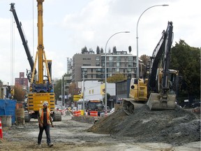 Construction on the subway line along Broadway in Vancouver on Oct. 4, 2021.
