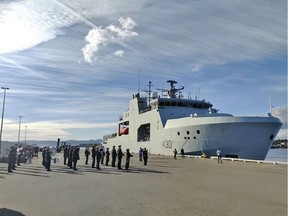 HMCS Harry DeWolf at Ogden Point on Sunday.