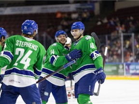 Forward Danila Klimovich (46) of the Abbotsford Canucks after scoring a goal.