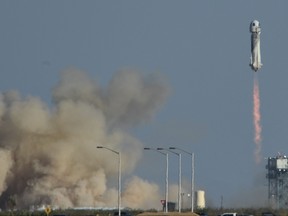 The New Shepard rocket launches on October 13, 2021, from the West Texas region, 25 miles (40kms) north of Van Horn.