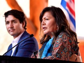 Kukpi7 Rosanne Casimir speaks to the press and Tk'emlups te Secweepemc community members during a visit from Prime Minister Justin Trudeau at the Tk'emlups Pow wow Arbour in B.C., on Oct. 18, 2021.