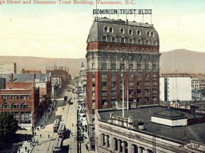 A postcard looking west along Hastings of the Dominion Trust building at Hastings and Cambie, which opened in 1910.