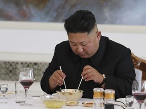 North Korean leader Kim Jong Un attends a lunch at the Okryugwan restaurant on September 19, 2018 in Pyongyang, North Korea.