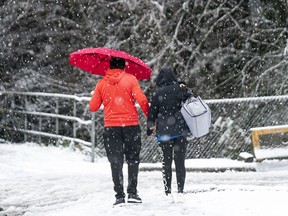 Pedestrians make their way through the snow