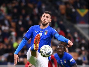 Italy's midfielder Lorenzo Pellegrini controls the ball during the UEFA Nations League semifinal football match between Italy and Spain at the San Siro (Giuseppe-Meazza) stadium in Milan, on October 6, 2021.