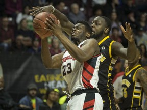 Windsor's Kemy Osse takes it strong to the basket in National Basketball League of Canada action between the Windsor Express and the London Lightning at the WFCU Centre in Windsor on Feb. 21, 2020. (DAX MELMER/Windsor Star)