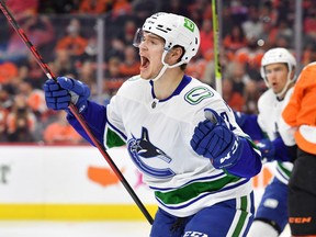 Vancouver Canucks rookie Vasily Podkolzin celebrates his first NHL career goal in Philadelphia against the Flyers.